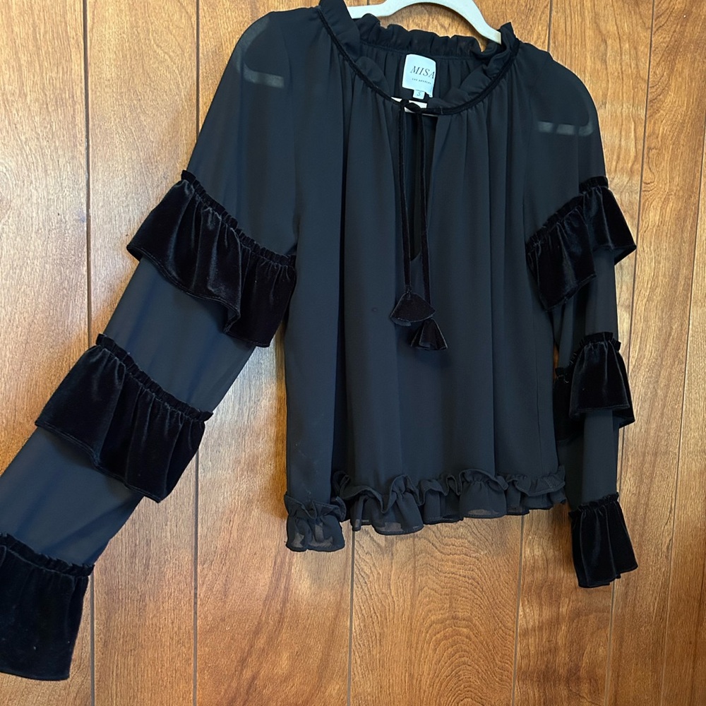 Misa Los Angeles Black Velvet Ruffle Blouse, size Small